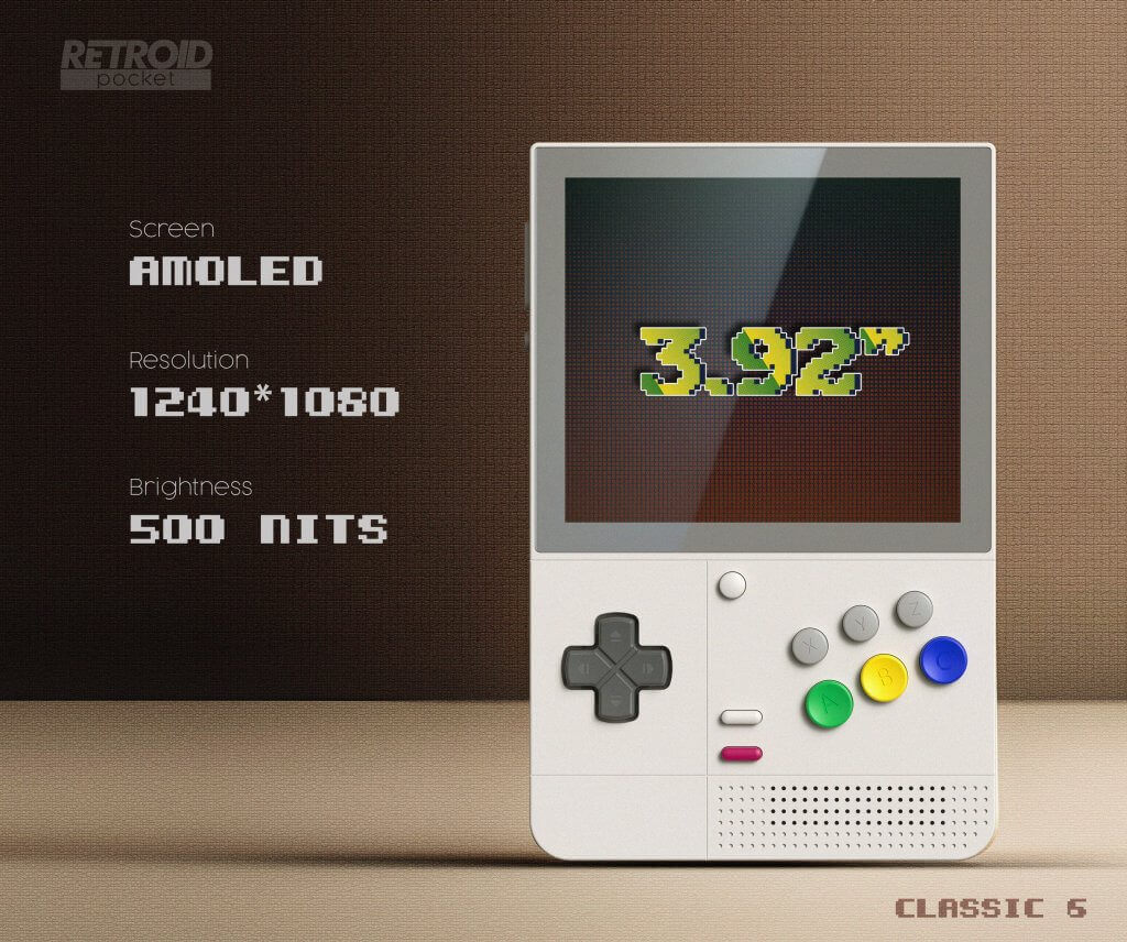 Retroid Pocket Classic Screen Specs (3.92 inches, AMOLED, 1240 x 1080) displayed next to the Classic 6 colorway.