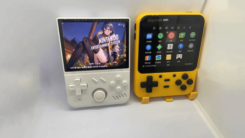 Game Console MyMini next to the GKD Mini Plus - Retro Handhelds