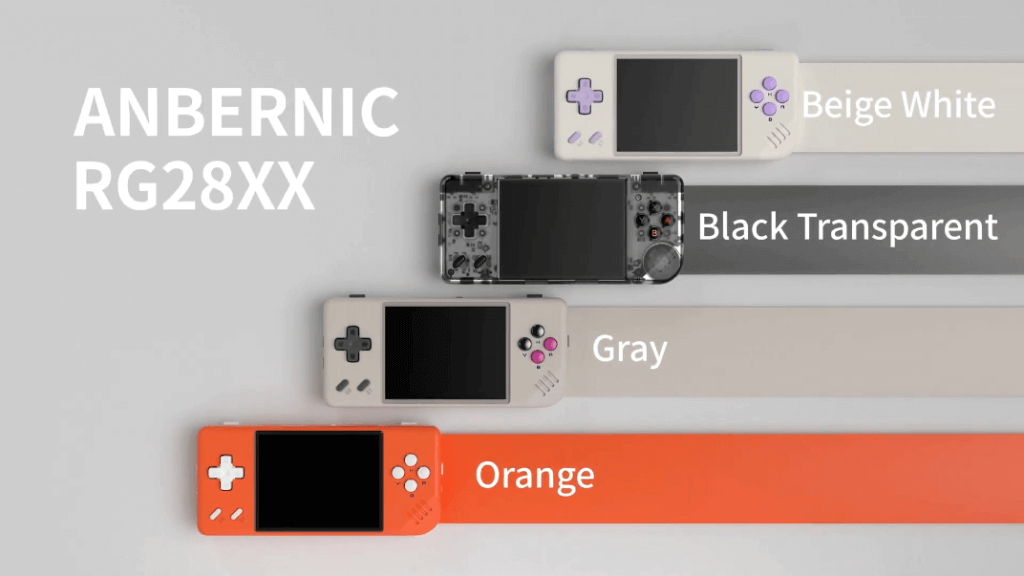 28xx-video-colours - Retro Handhelds A promo render of the RG28XX, showing the four different colourways available for purchase.
