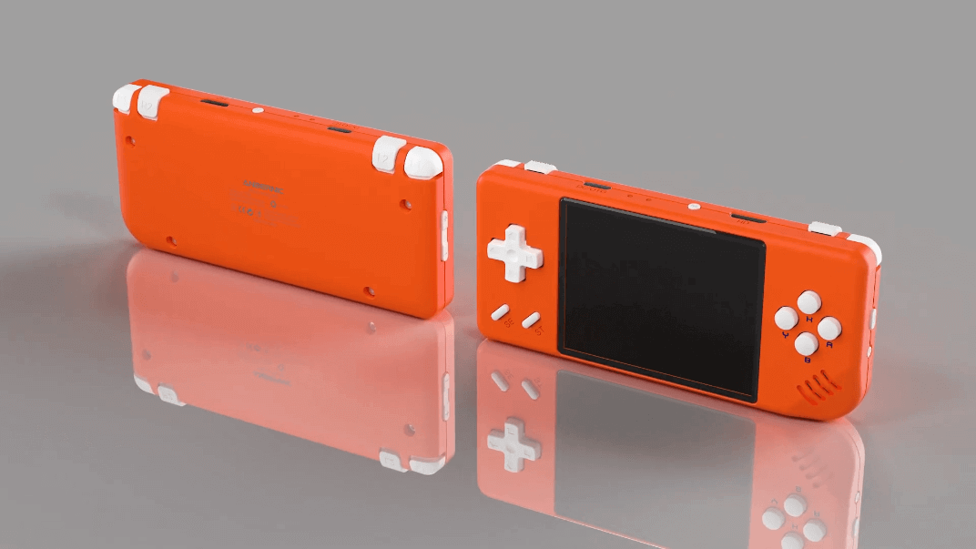 Anbernic RG28XX in bright orange - Retro Handhelds A promo render of the RG28XX in bright orange, showing the front and back of the device.
