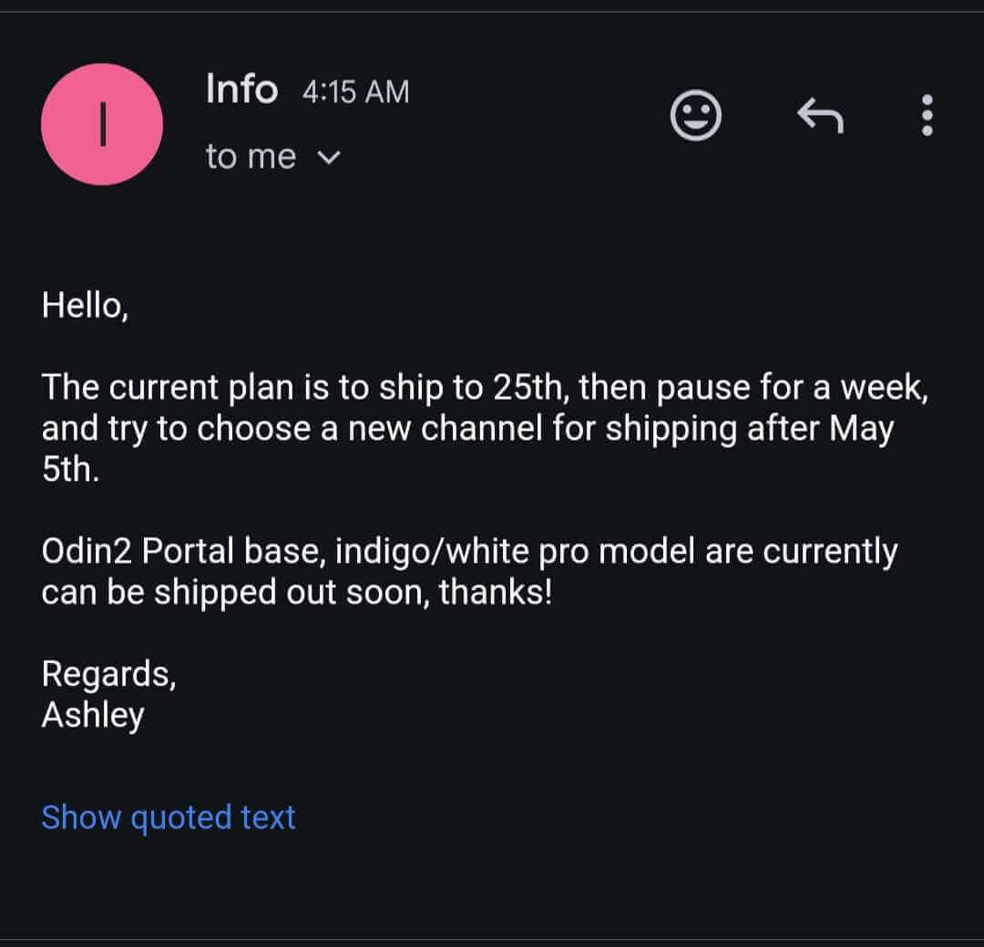 AYN Shipping status update via Support email