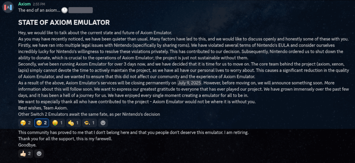 Axiom Emulator Retirement Discord Messages
