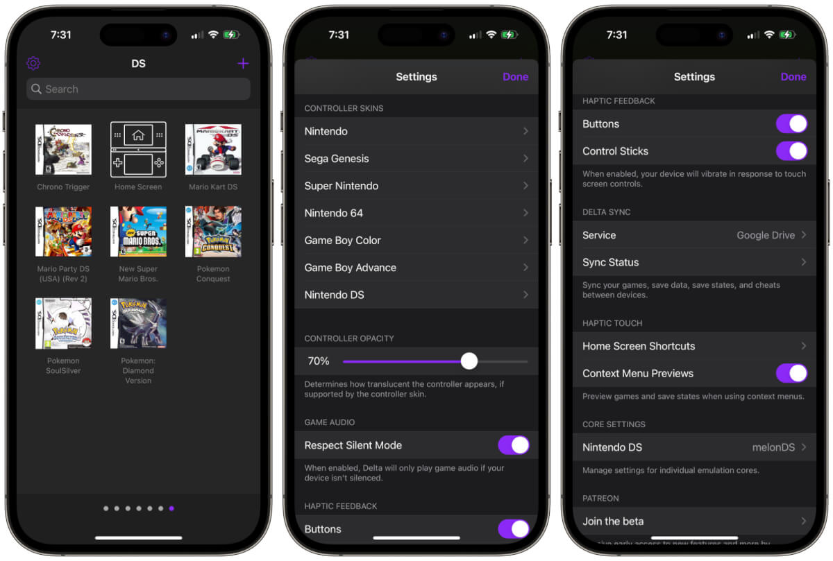 Delta Game Emulator for iPhone Game Selection and Settings