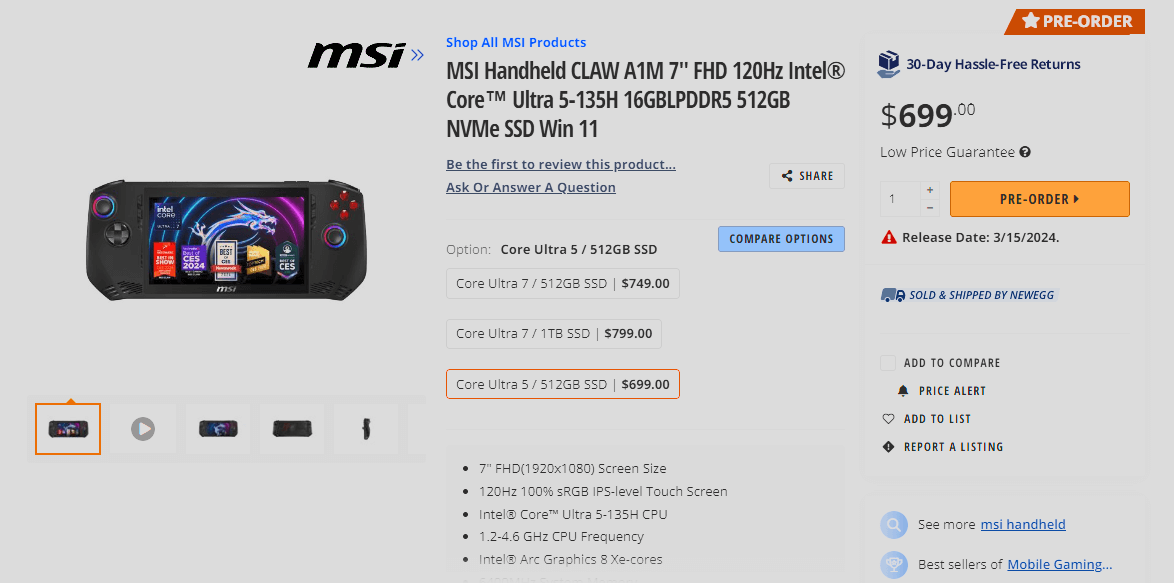 MSI Claw Newegg Listing