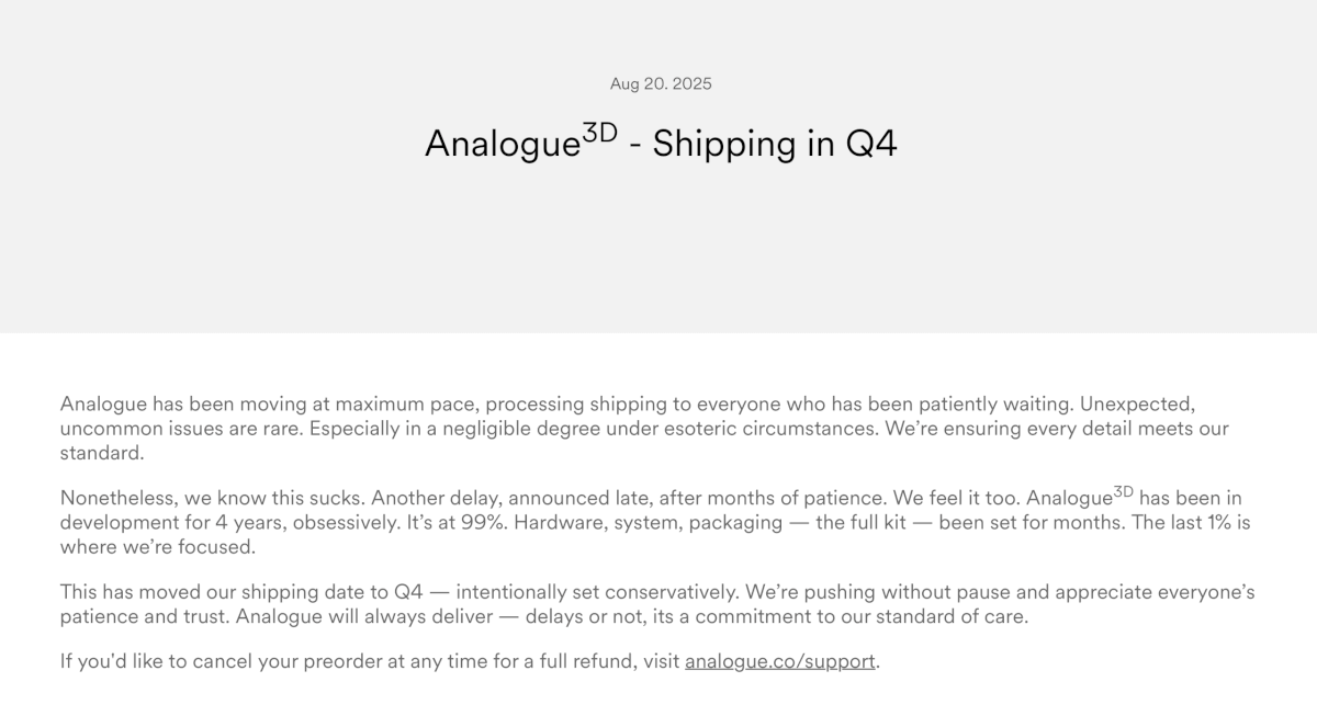Analogue 3D Delay Announcement - Aug 2025 to Q4 - Retro Handhelds