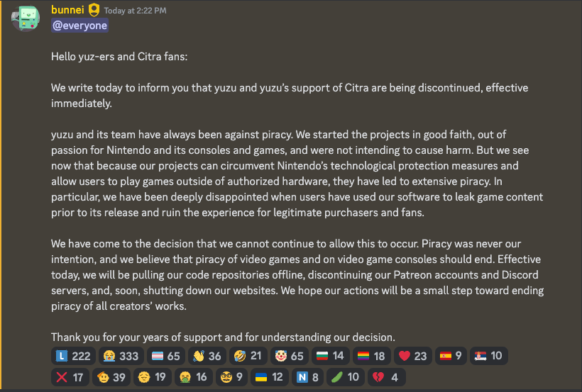 Yuzu Official Statement on Discord