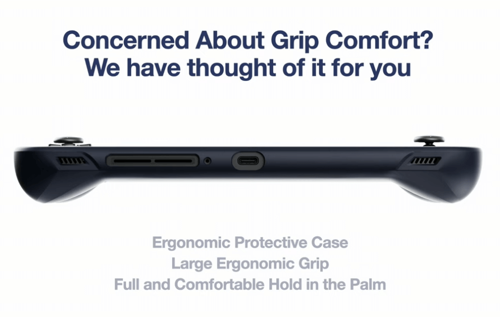 Promo image of the AYANEO Pocket S' grip accessory, from the bottom.