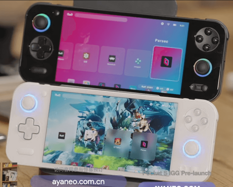 A black and a white Pocket S, both showing off the RGB rings around their analogue sticks/