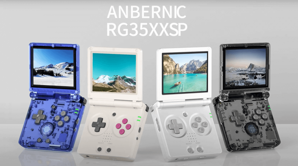 Render of the Anbernic RG35XX SP, in its four retail colourways - transparent blue, DMG grey, metallic silver, and transparent black.