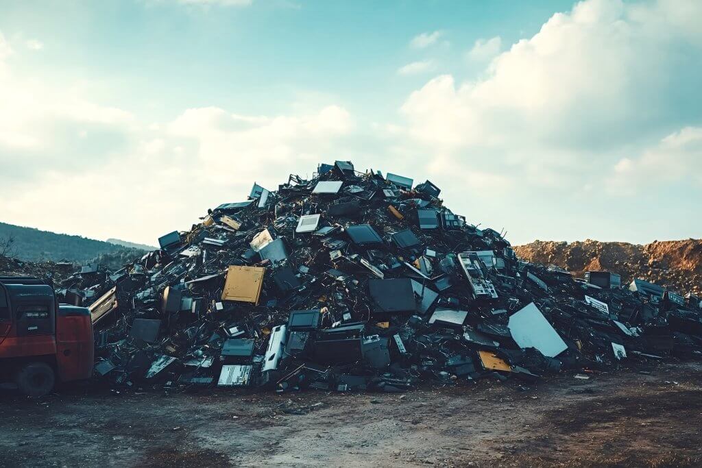 Huge pile of electronic waste polluting the environment under cloudy sky - Retro Handhelds