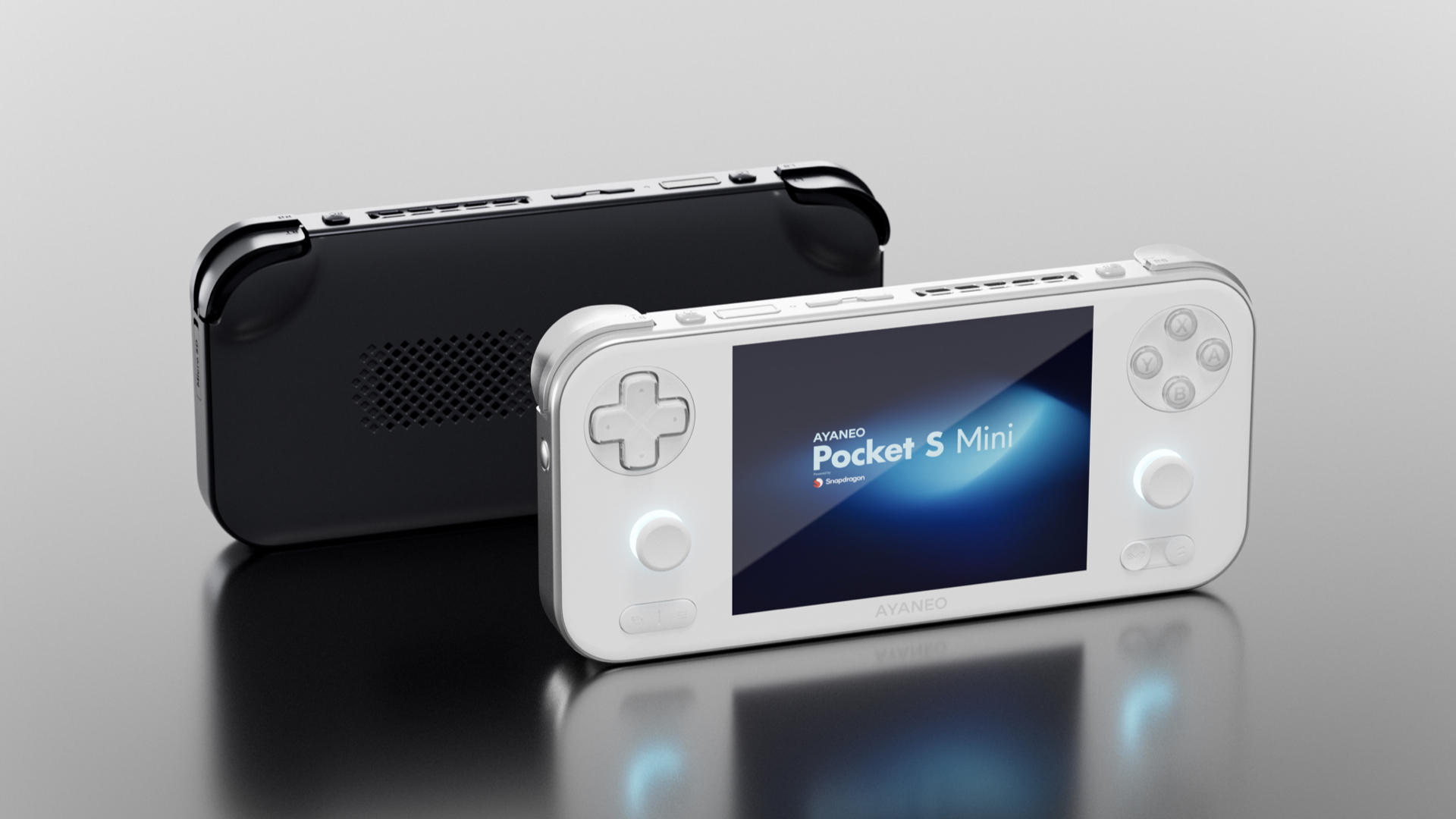 AYANEO Pocket S Mini Promo Render - White and Black - Retro Handhelds AYANEO Pocket S Mini Promo Render - White and Black