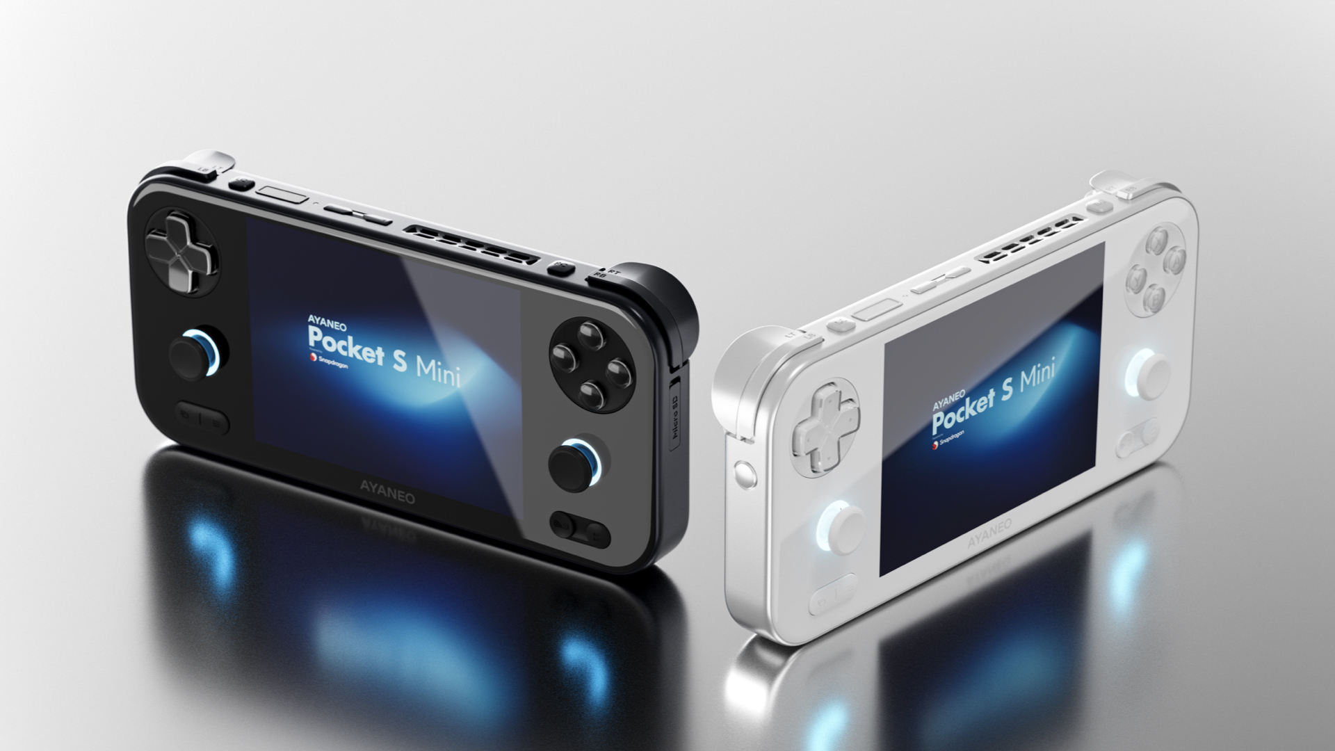 AYANEO Pocket S Mini Promo Render - White and Black - Retro Handhelds AYANEO Pocket S Mini Promo Render - White and Black