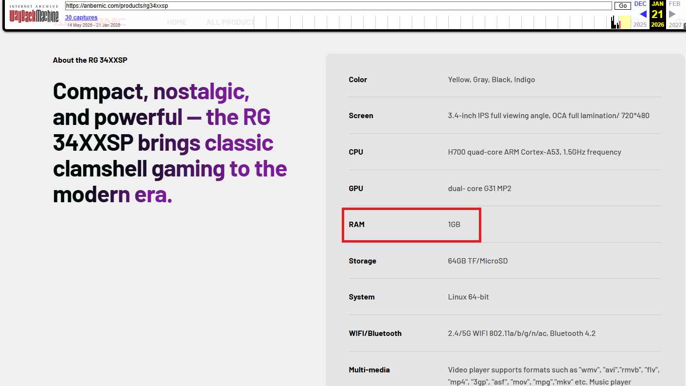 Anbernic RG34XXSP Listing on January 21 Showing 1GB of RAM